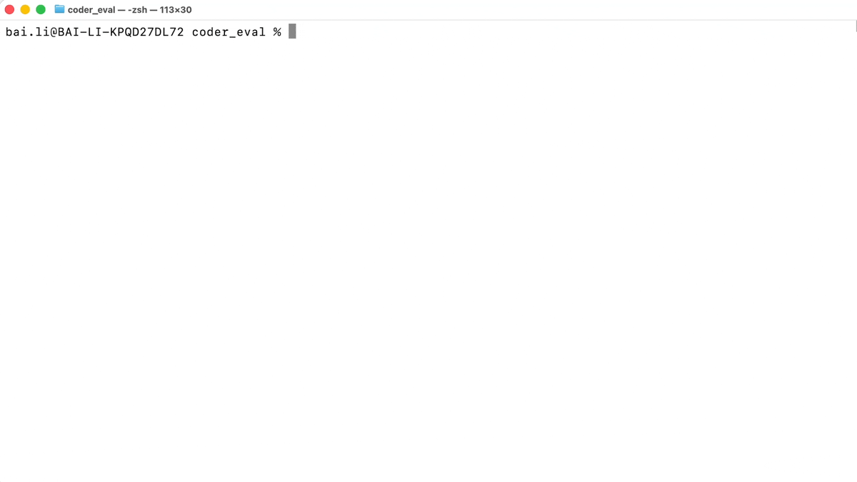 coder_eval running the hello_date task: a sandboxed agent writes and runs a script from a YAML task, then the scored result is browsed in evalboard