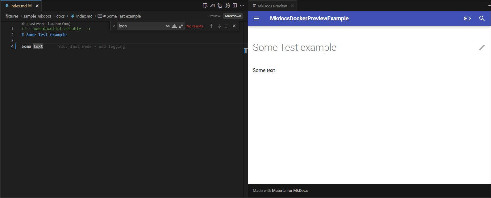 MkDocs Docker Preview screenshot