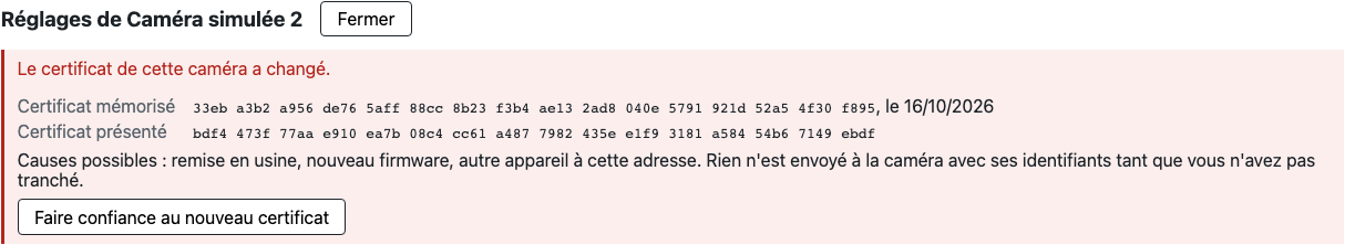 Certificat changé : certificats mémorisé et présenté