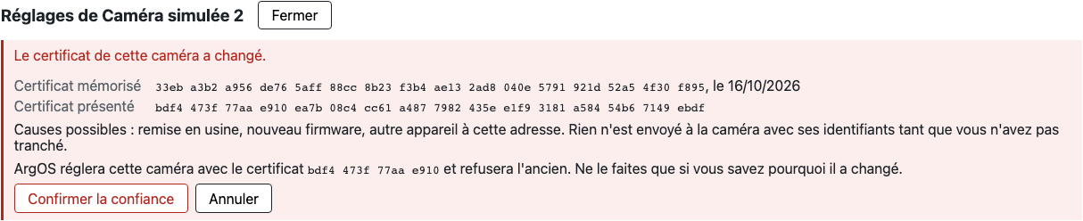 Confirmation avant de faire confiance au nouveau certificat