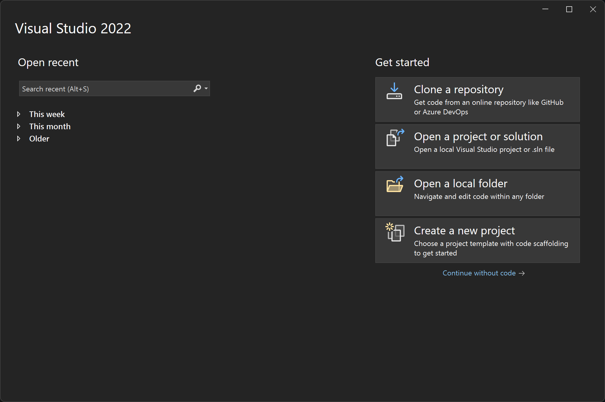 Visual Studio Get Started Screen