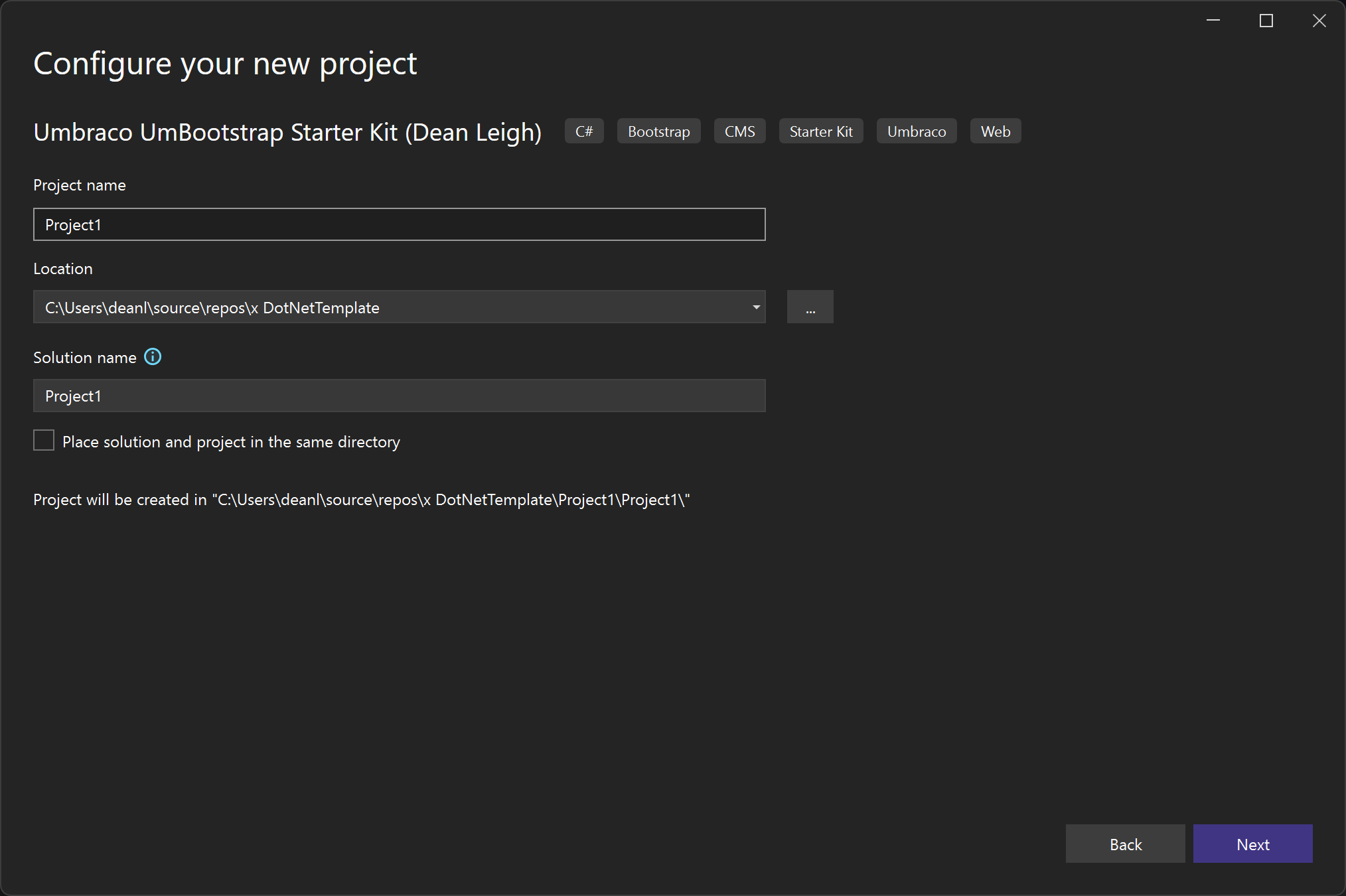 Visual Studio New Project Screen