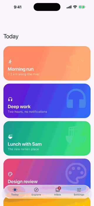 liquid_glass_navigation demo: a floating glass bottom bar with a stretchy, draggable selection pill
