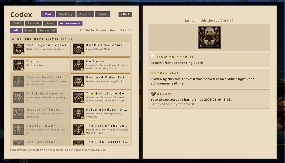 Achievements: every achievement as this save slot has it, with how to earn it, this slot and Steam
