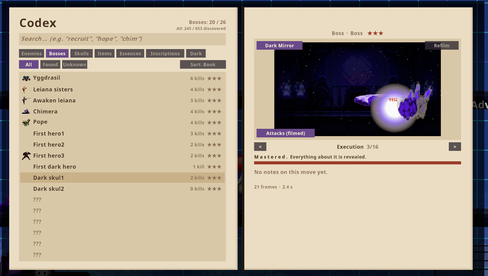 A Dark Mirror boss page playing a filmed move