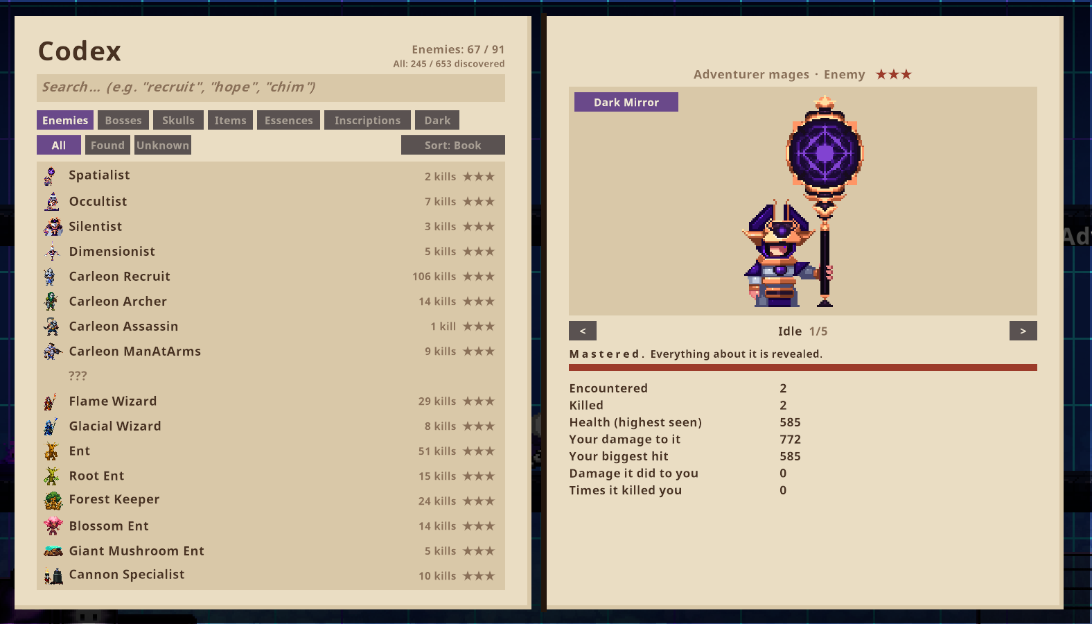 An enemy page: its animations and your stats against it