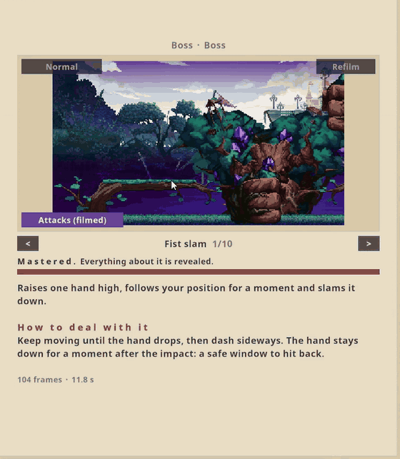 A boss page playing the moves the mod filmed, with notes on how to deal with them
