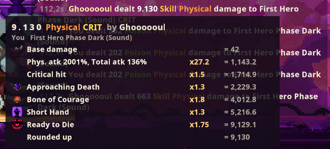 Hovering a hit shows its full calculation: every item, inscription and effect with its multiplier