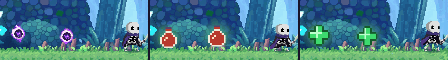 Healing orbs: the game's look, the Portable Potion and the green plus