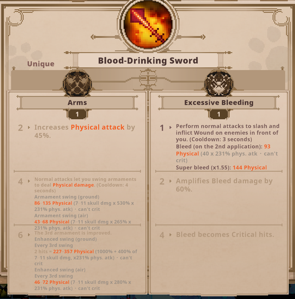 An item's inscriptions with their damage per step