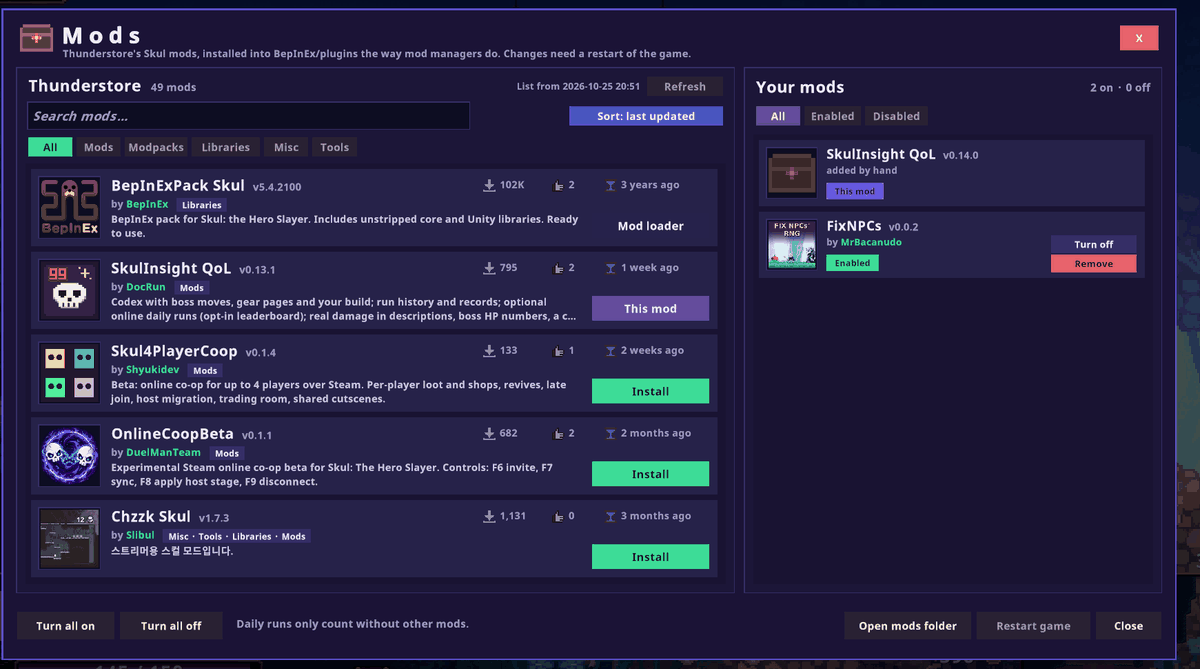 Mods: Thunderstore's Skul mods on the left, your mods on the right
