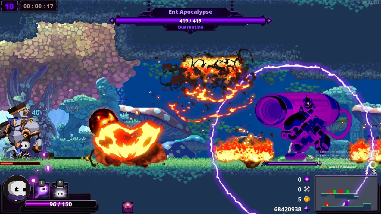 A boss fight with the mod: damage numbers with their source, boss HP and the mini log