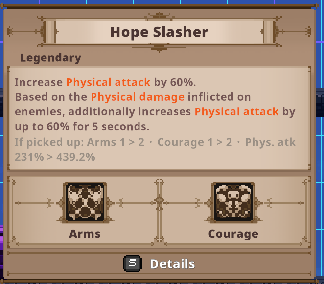 Pickup preview: the item's numbers as if picked up, with the inscription and stat changes