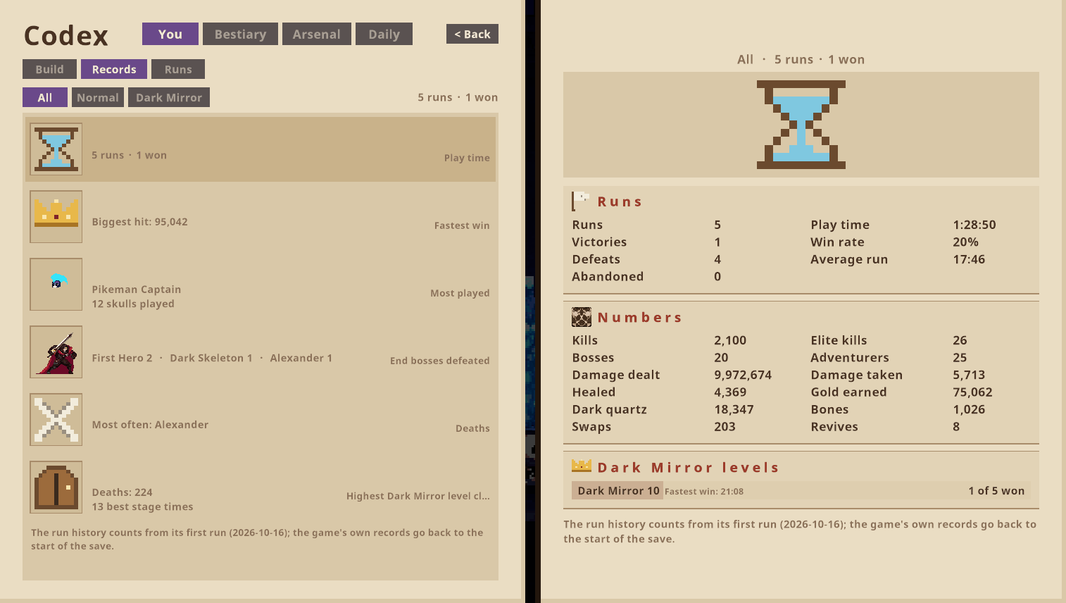 Records: totals, bests, skulls, bosses, deaths and the game's own counters