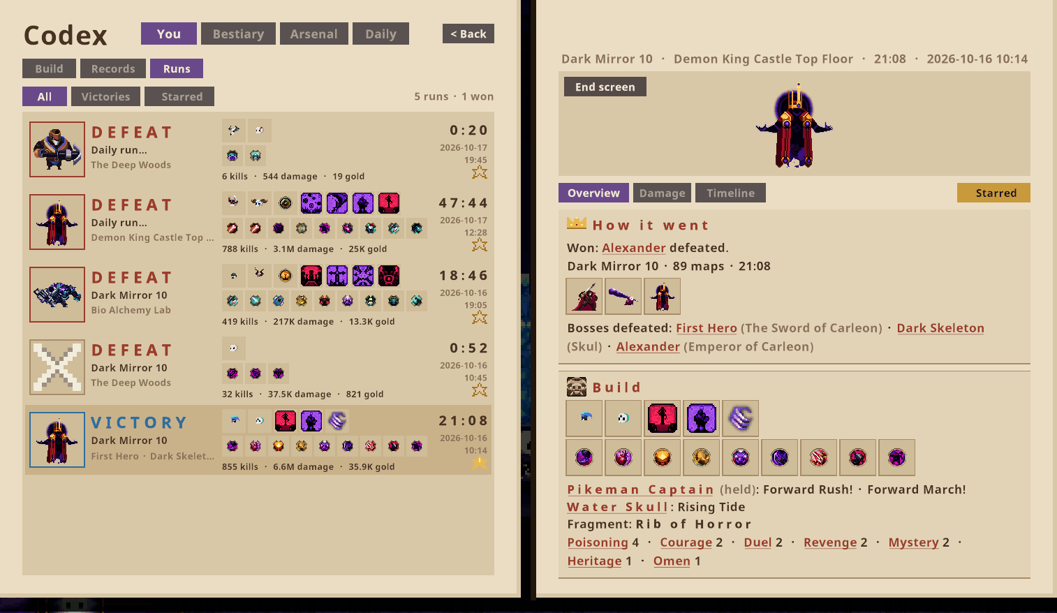 Run history: every run as a row, and a run's page with the bosses, the build and every inscription, all linked to the Codex