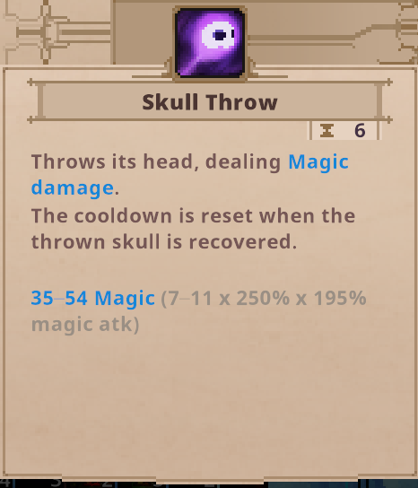 Skill description with its damage