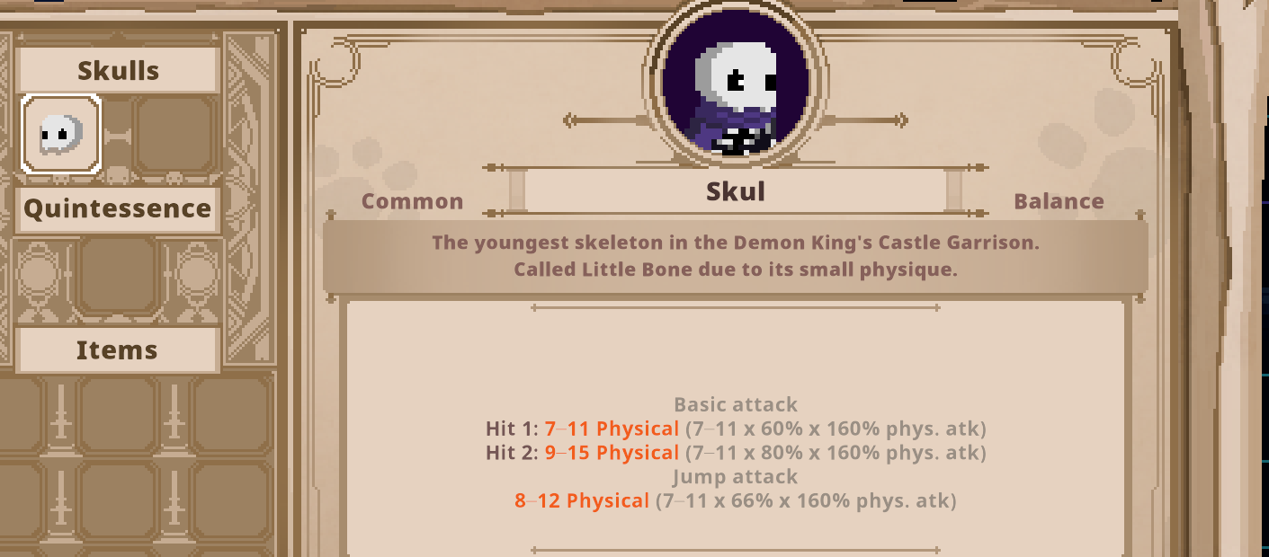 Skull description with the damage of every hit