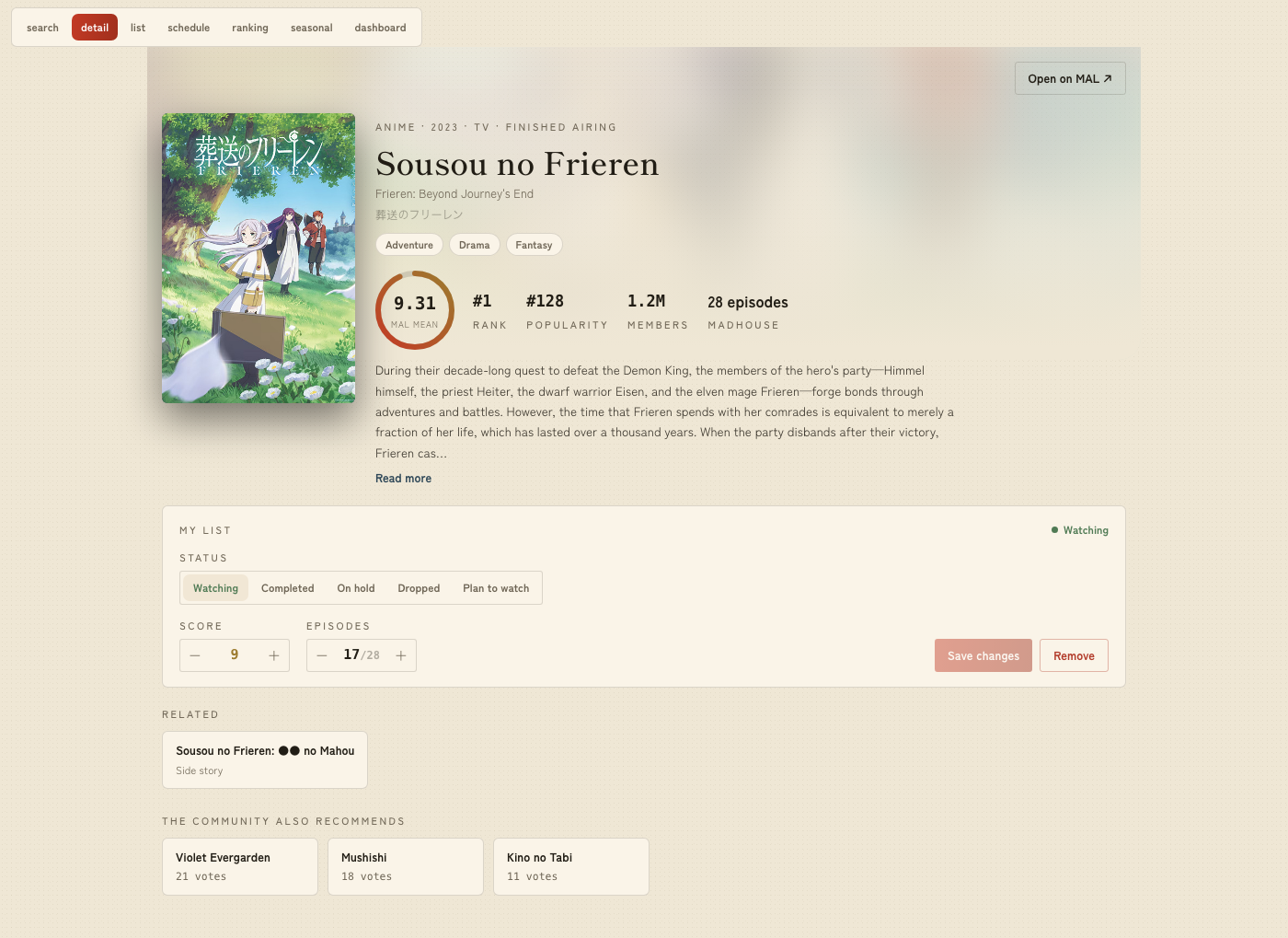 Detail — hero page with score ring, synopsis, and inline list editing