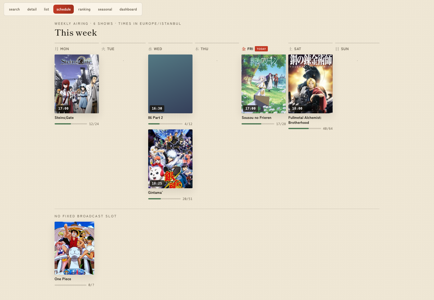 Weekly schedule — your currently-airing watching list, grouped by broadcast day, today highlighted