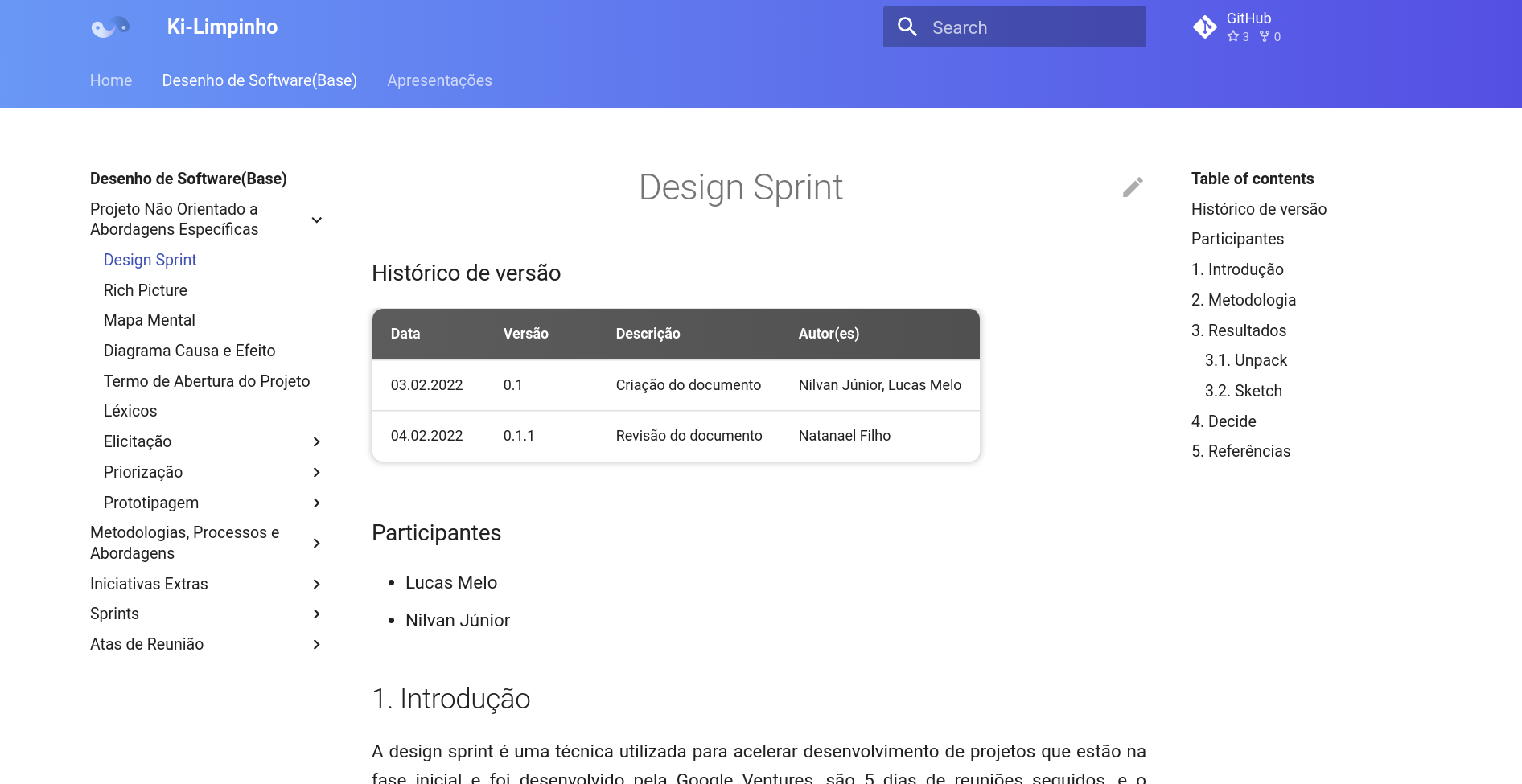 Screenshot do documento Design Sprint