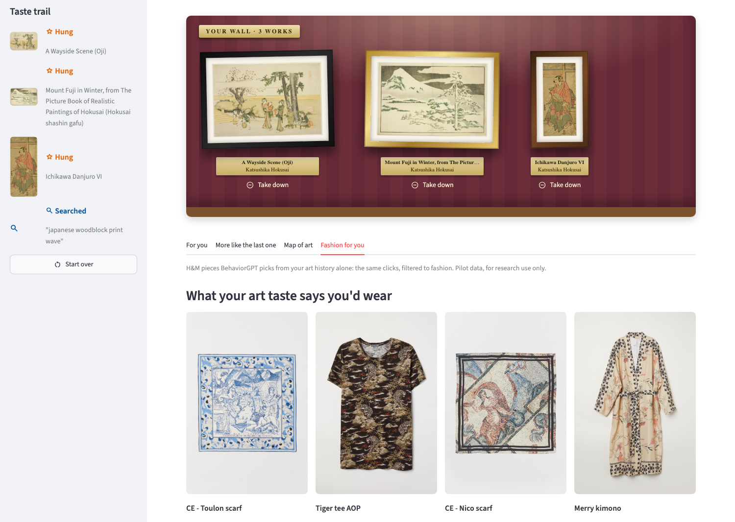Curate my wall: three Hokusai prints hung on the wall, and the fashion they lead to: printed scarves, a tiger-print tee and a kimono
