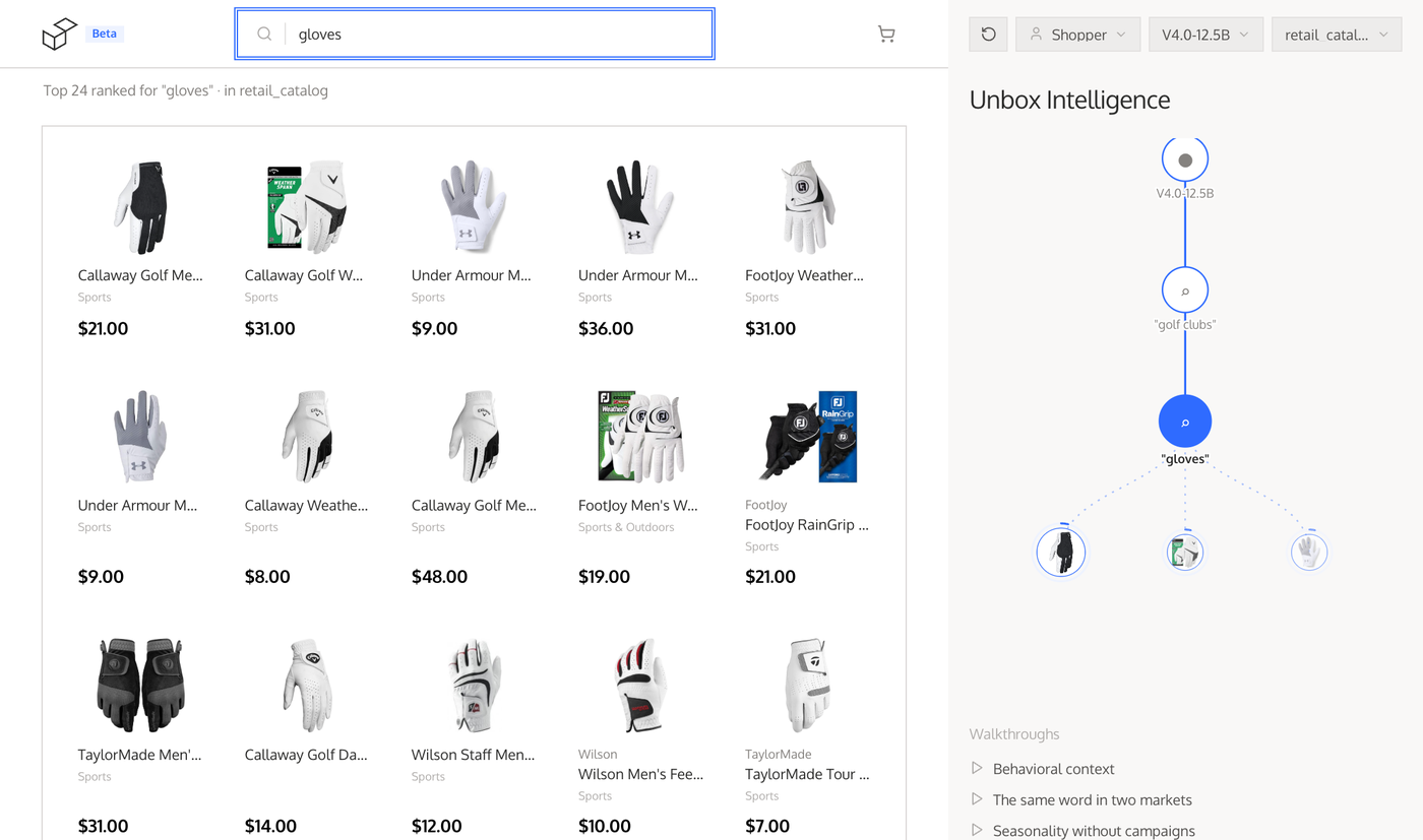 The storefront demo: after a search for golf clubs, a search for gloves returns golf gloves