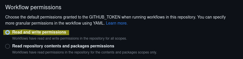 Radio button that indicates read/write permissions on GitHub Actions