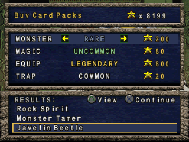 The Card Shop pack panel and its three-card results view.