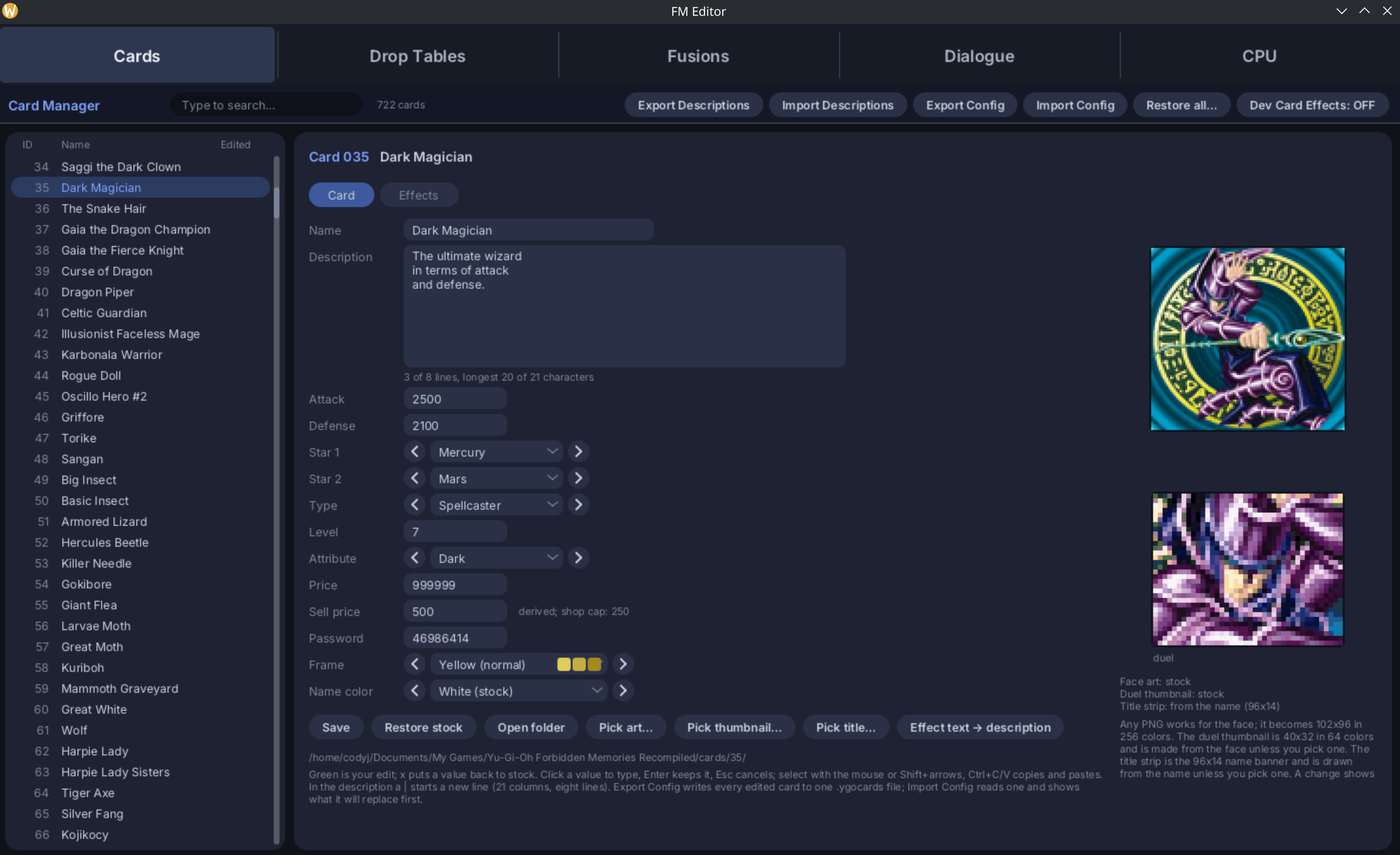 The FM Editor Cards tab editing Dark Magician.