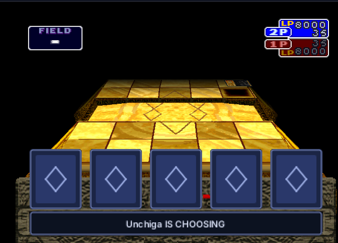 A netplay duel hiding the remote player's hand while “Unchiga is choosing.”