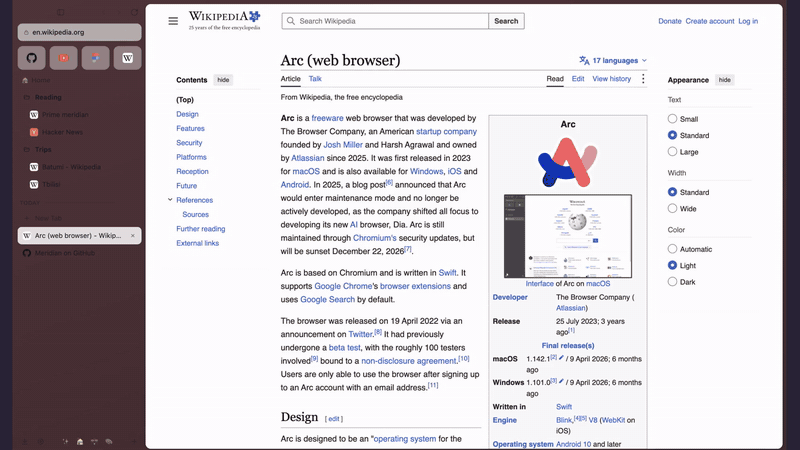 Meridian: spaces, pinned tabs and split view, with an AI agent working next to the page