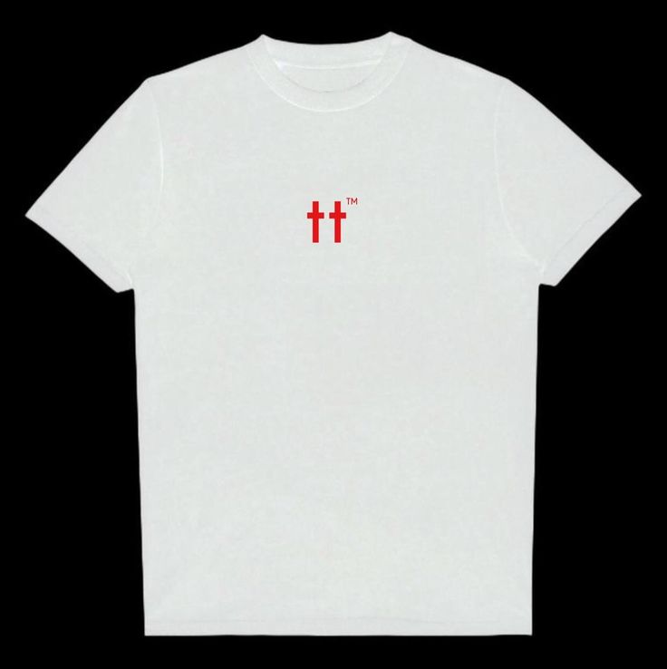 White short sleeve T-shirt with a small red double cross mark