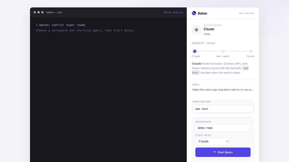 Baton demo — Claude stalls, Baton hands off to Codex, Verify confirms