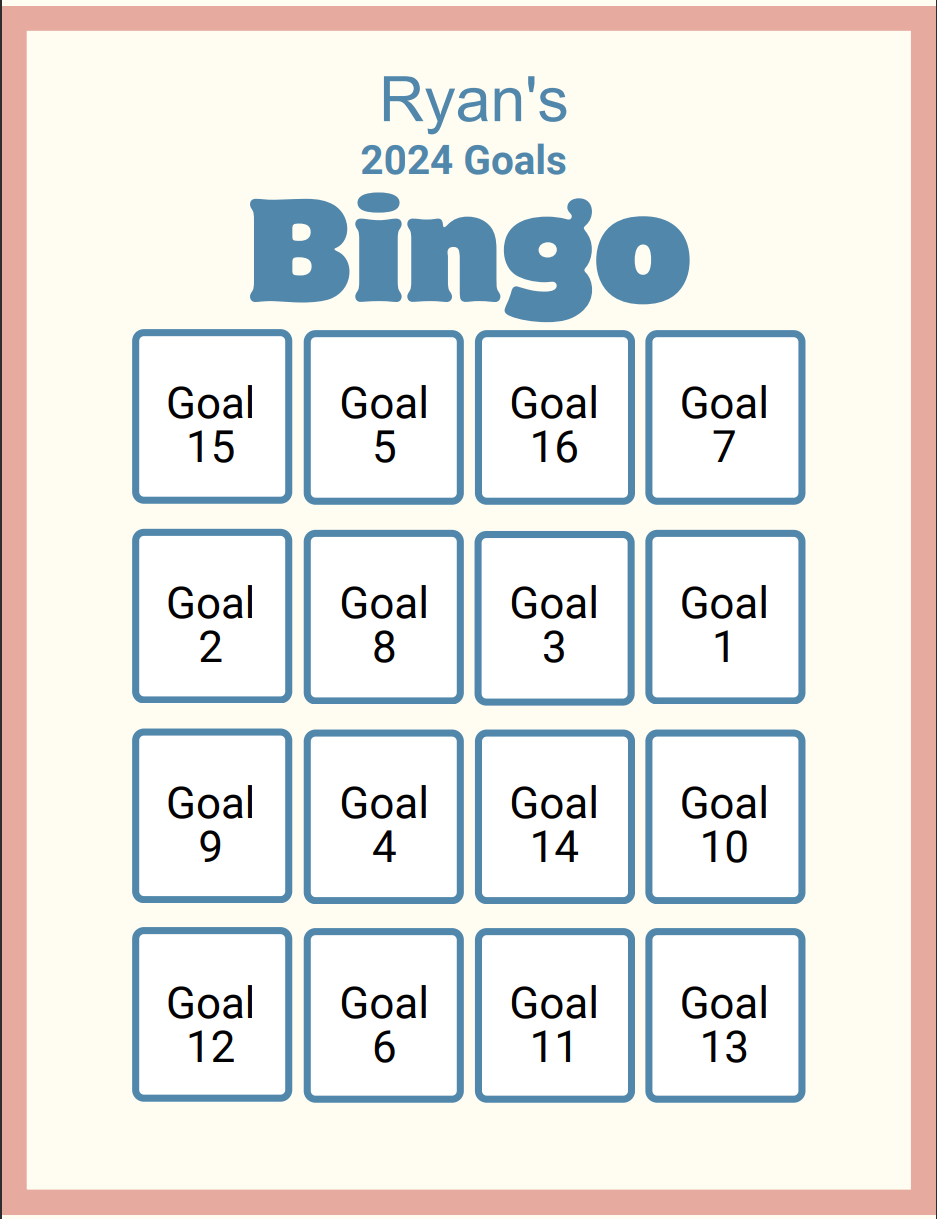 A screenshot of a PDF with the title "Ryan's 2024 Goals Bingo" and 16 randomly ordered placeholder goals.