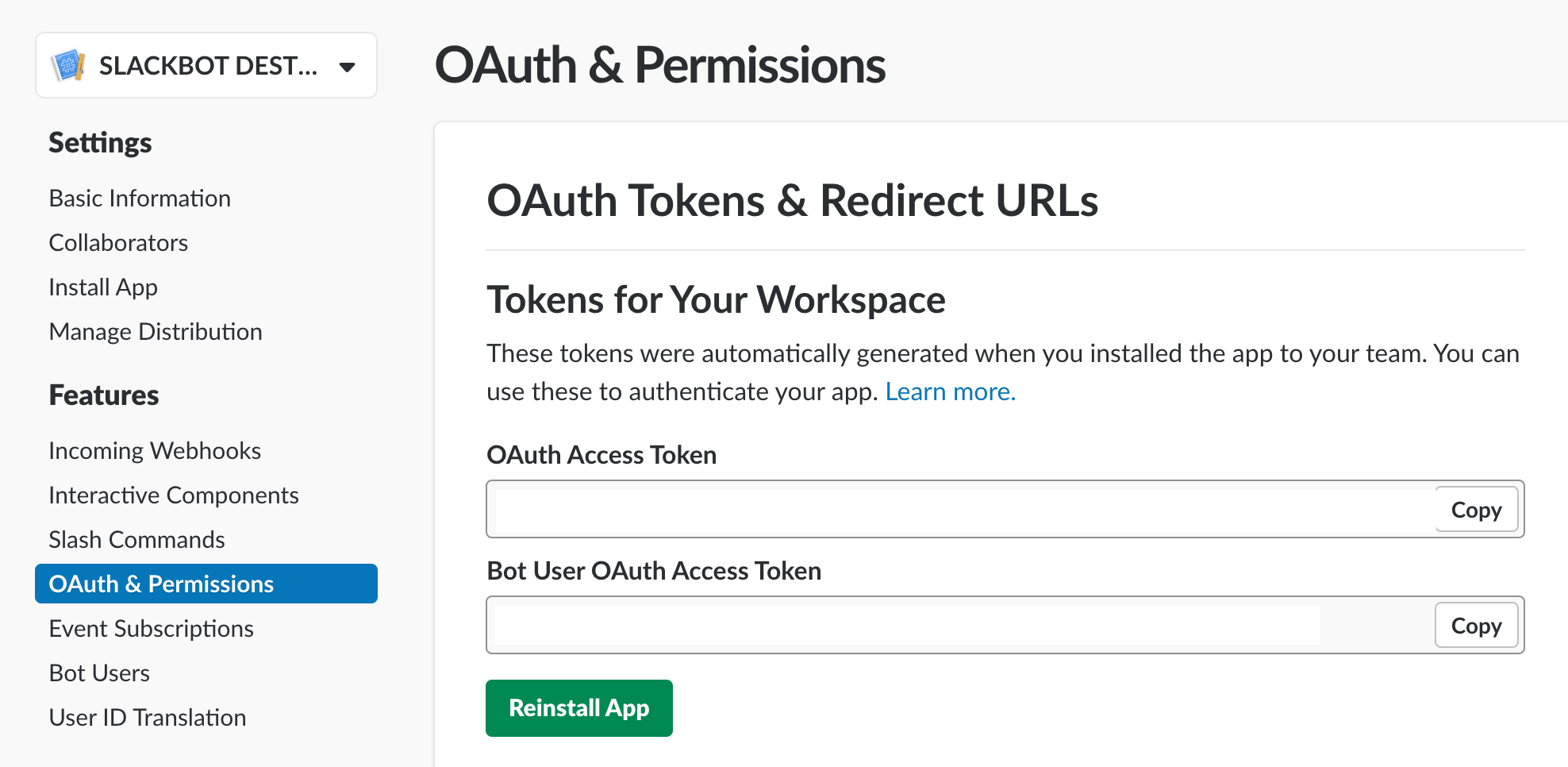 Shows OAuth Access Token and Bot User OAuth Access Token fields