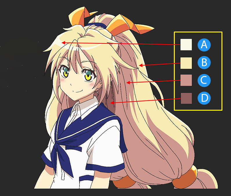 A stylized girl in a sailor uniform. A: White highlights on the hair. B: The main blonde hair color. C: Hair in shadow, with a tan color. D: Hair in darker shadow, with a darker tan color.