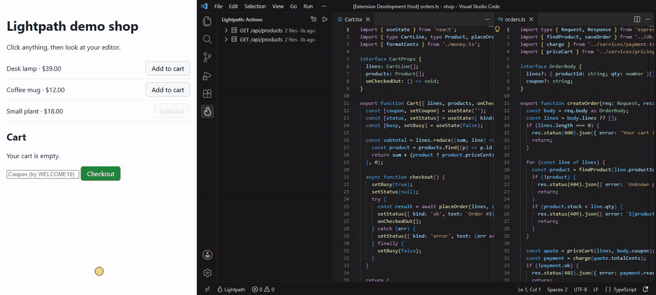 Clicking Add to cart and Checkout in the example shop lights up Cart.tsx and the order route in VS Code