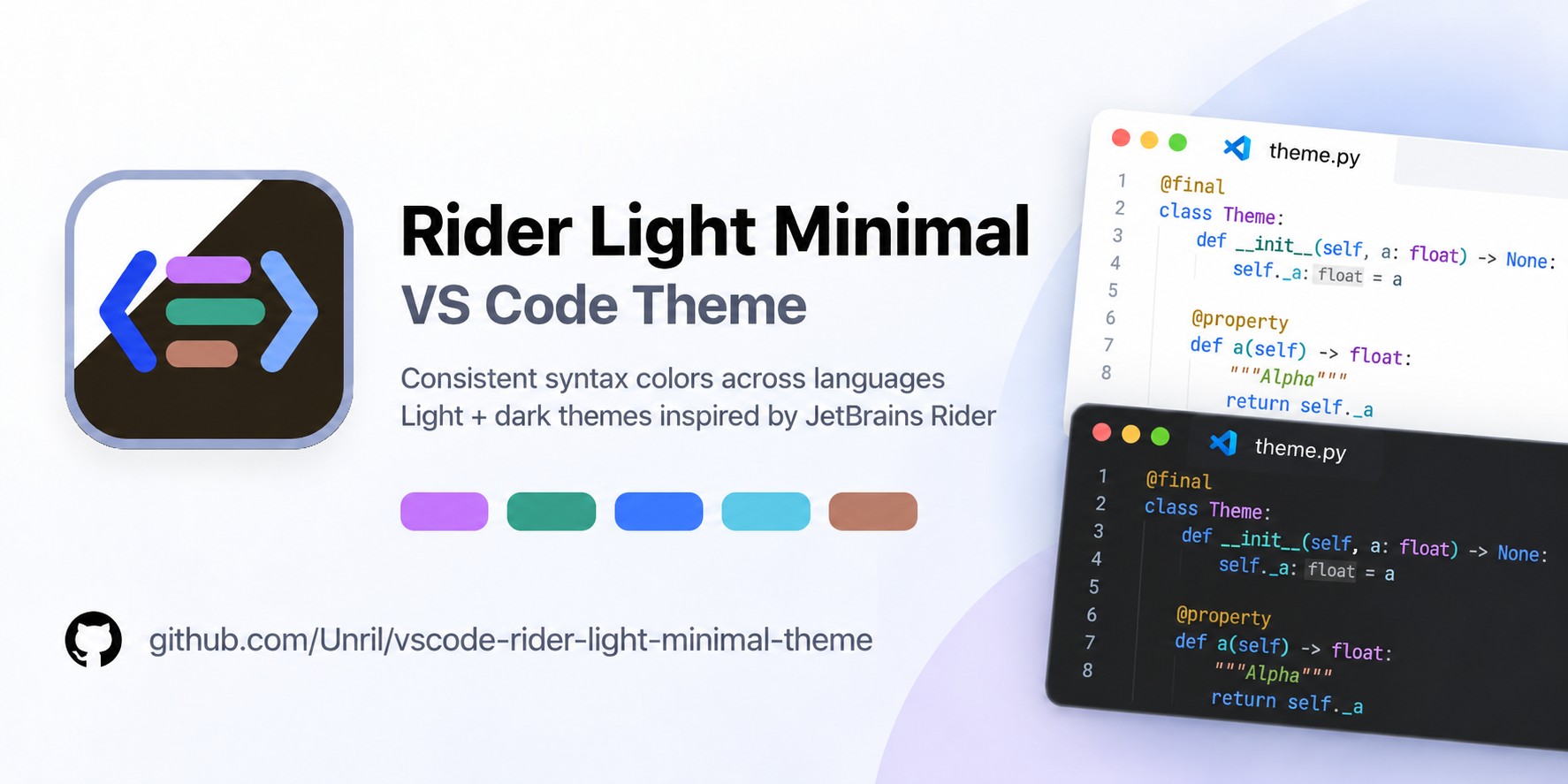 Rider Light Minimal: light and dark VS Code themes with consistent syntax colors across languages, inspired by JetBrains Rider