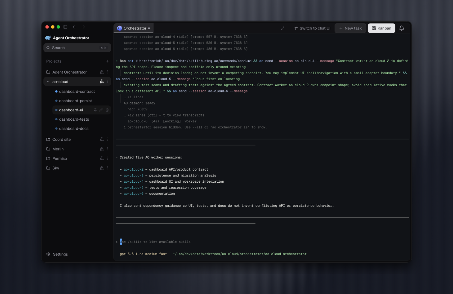 프로젝트 orchestrator가 여러 AO worker session을 만들고 dashboard contract, persistence, UI, tests, documentation 작업으로 나누는 화면입니다.