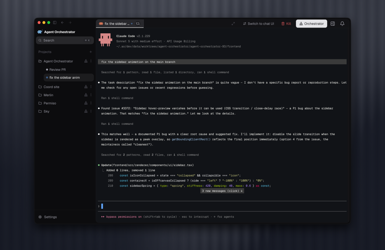 Agent Orchestrator 안에서 coding agent의 native terminal UI와 작업 진행 로그를 확인하는 화면입니다.
