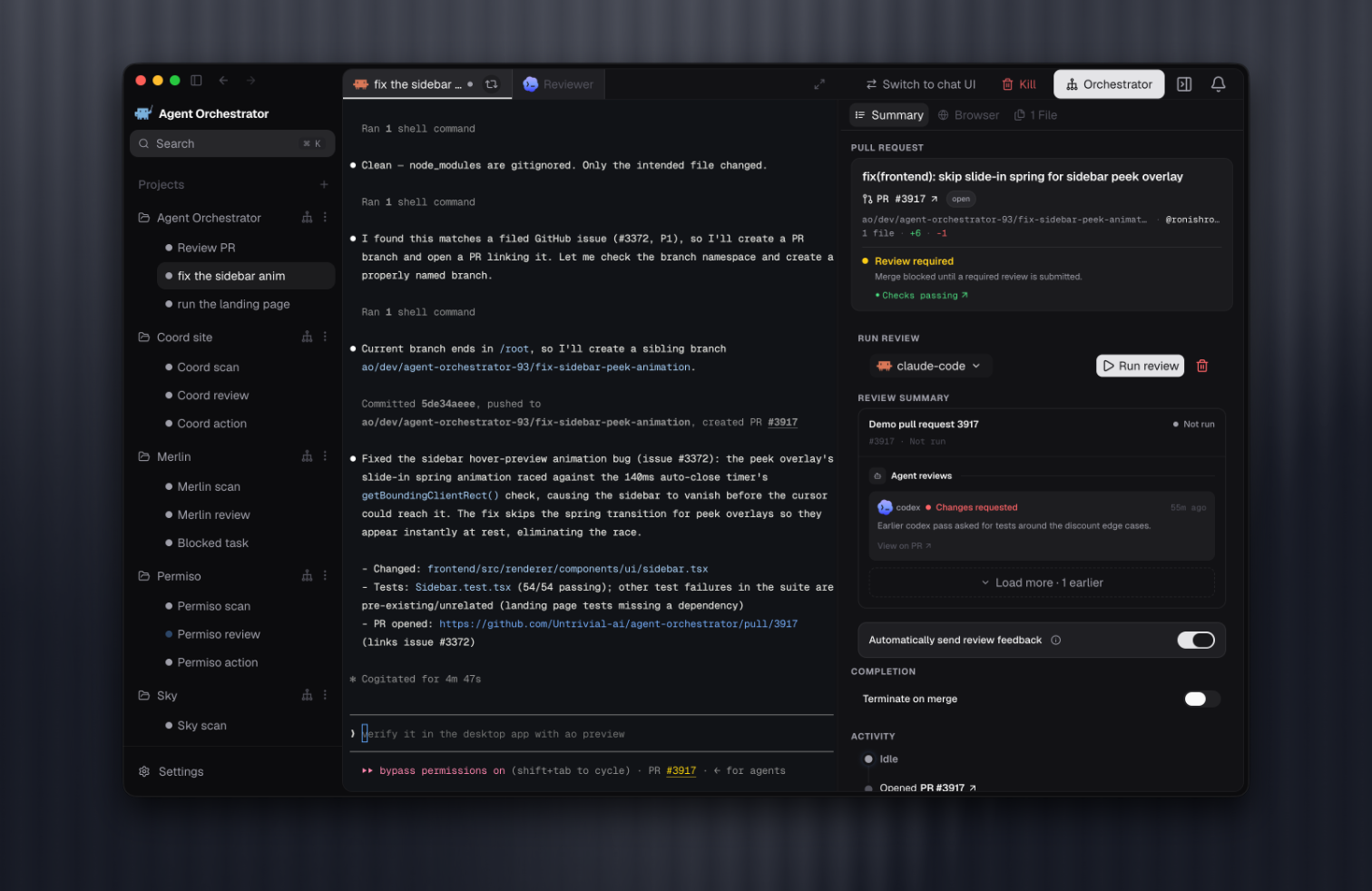 Worker session with pull request, CI, and agent review state in Orchestrator.inc