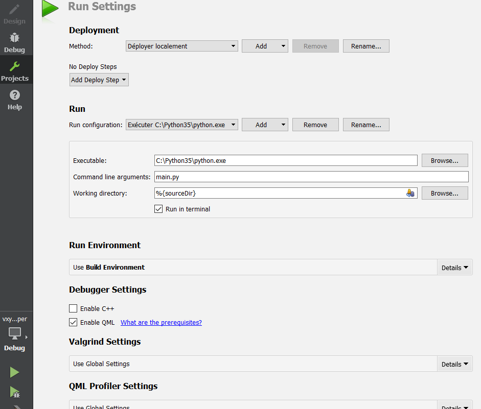 Qt Creator run settings