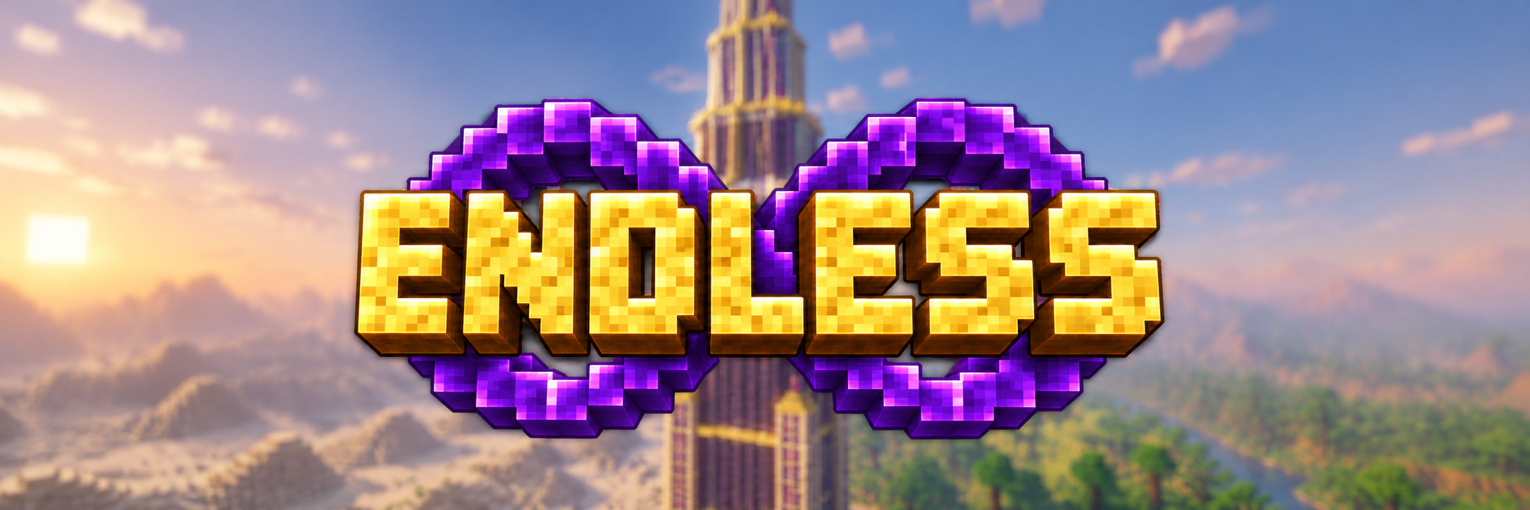 Endless banner with the gold logo and purple infinity symbol over a blurred skyscraper