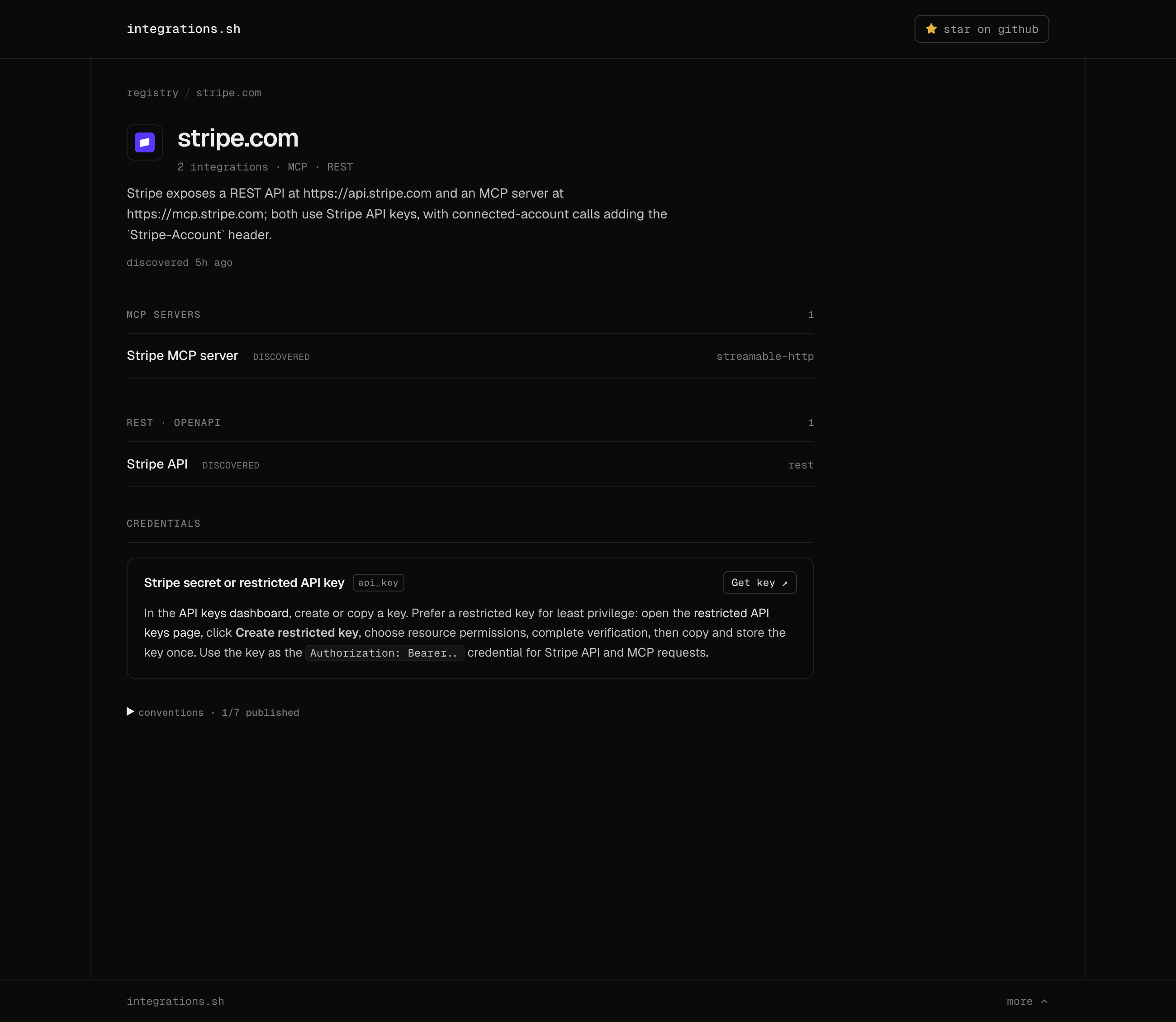 A domain page: surfaces grouped by format, plus a credentials guide