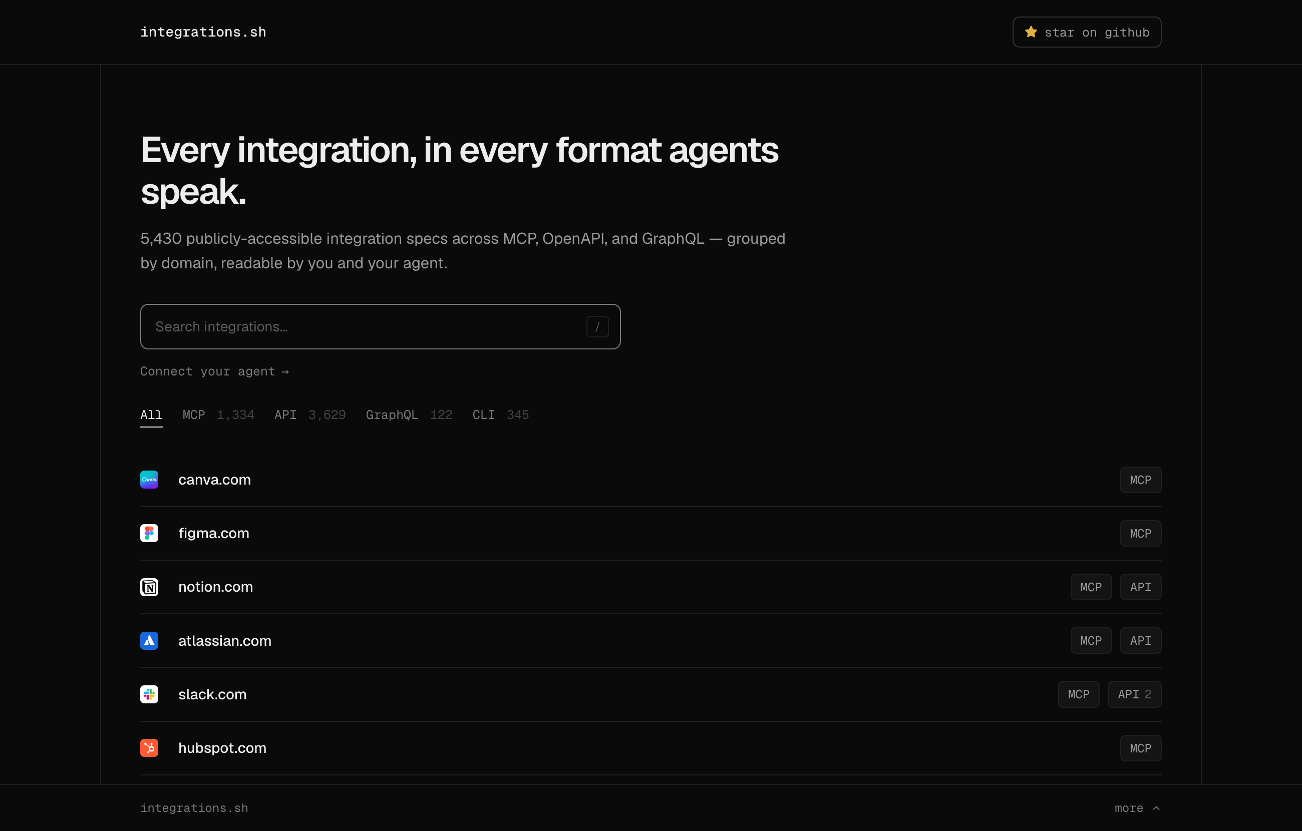 integrations.sh — every integration, in every format agents speak