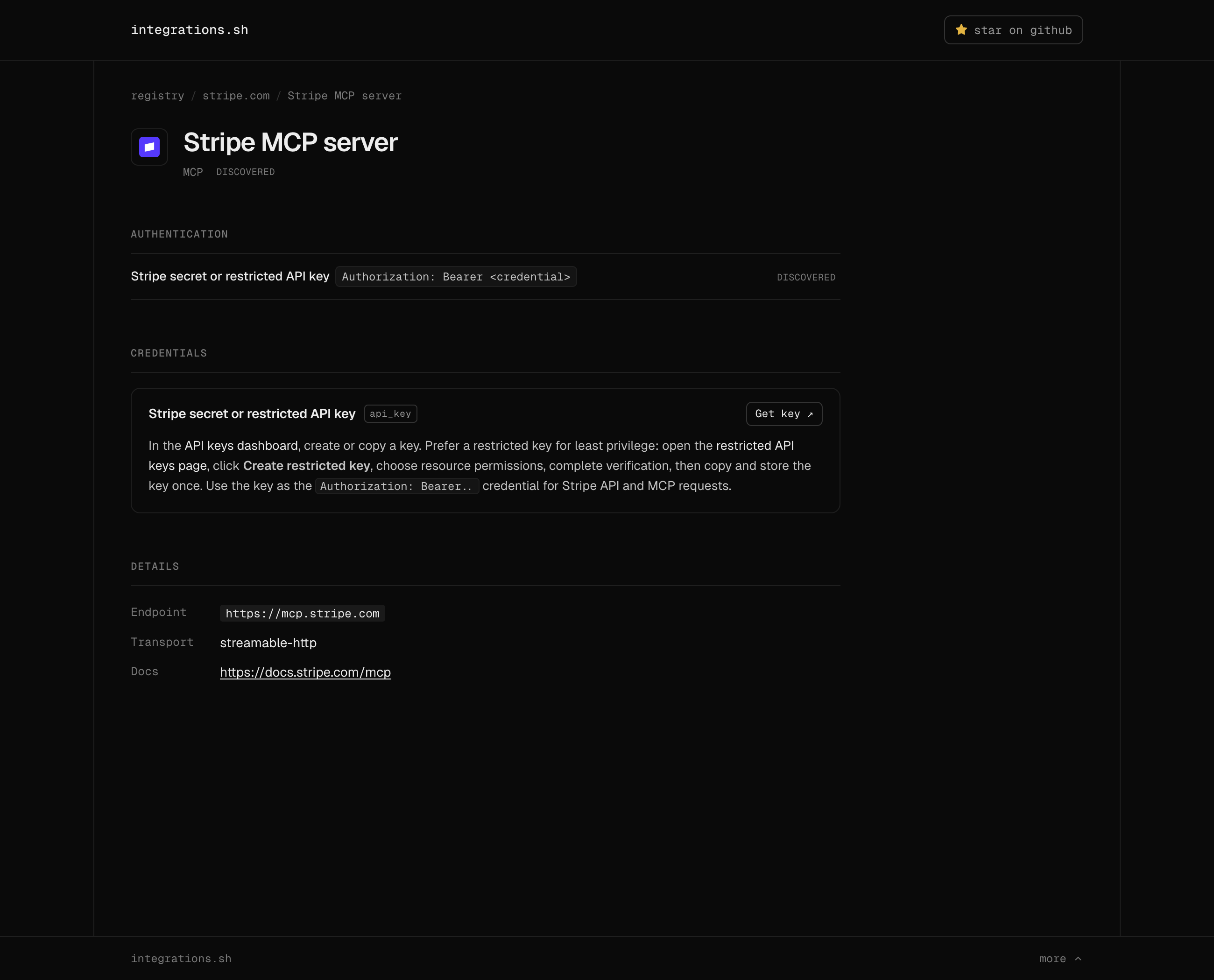 A surface detail page: authentication binding, credential acquisition, and endpoint details