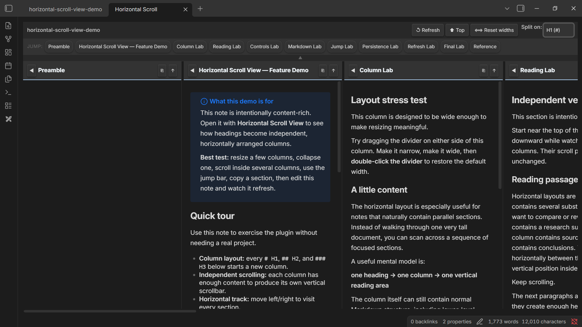 Screenshot of Horizontal Scroll View plugin in Obsidian