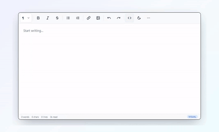 Typing in Visual mode, applying a heading, bold and a list, inserting a table, switching to Raw Markdown, and toggling the dark theme