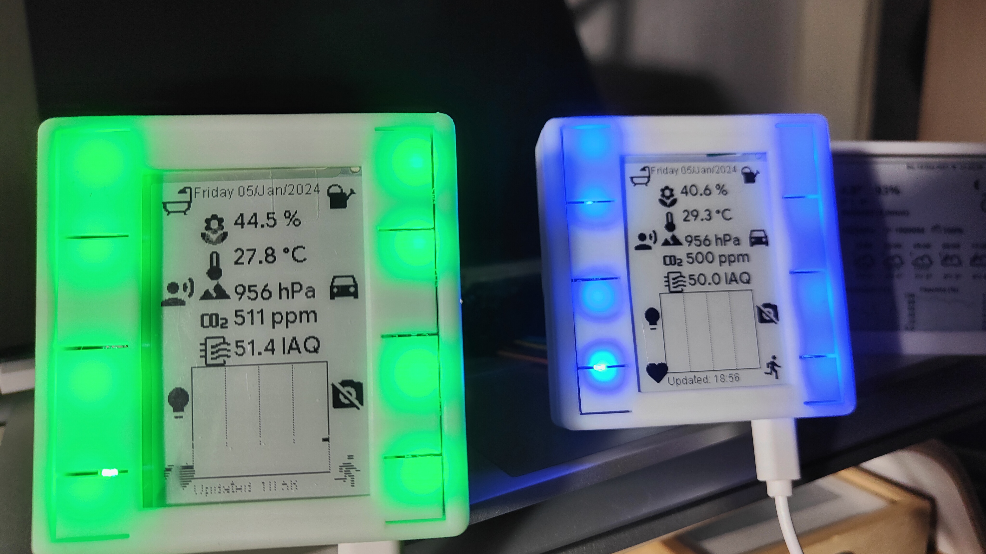 Side View of WifiWallSwitch with EINK Screen and Design Buttons. Ambient Light ON