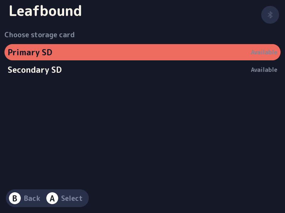 The Itch.io destination picker showing the mounted primary and secondary SD-card choices